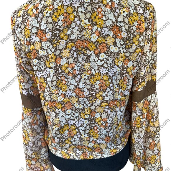 june & hudson XS Brown & Orange Floral Faux Wrap Sheer Lined Bell Sleeve Blouse - Picture 3 of 4